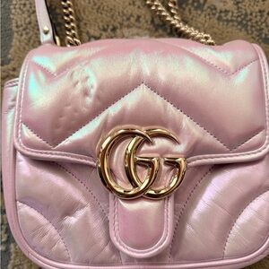 Gucci Iridescent Nappa Chevron Matelasse Mini GG Marmont Bag Escape Pink